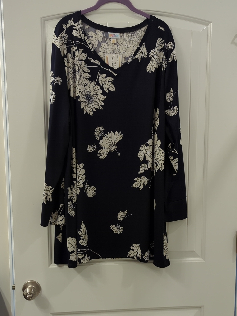 LuLaRoe Navy Blue Long-Sleeve Tunic with Cream Floral Print